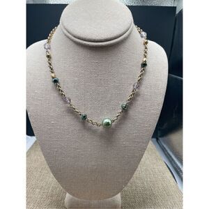 Lia Sophia Beaded Chain Necklace. Green tones and goldtone chain